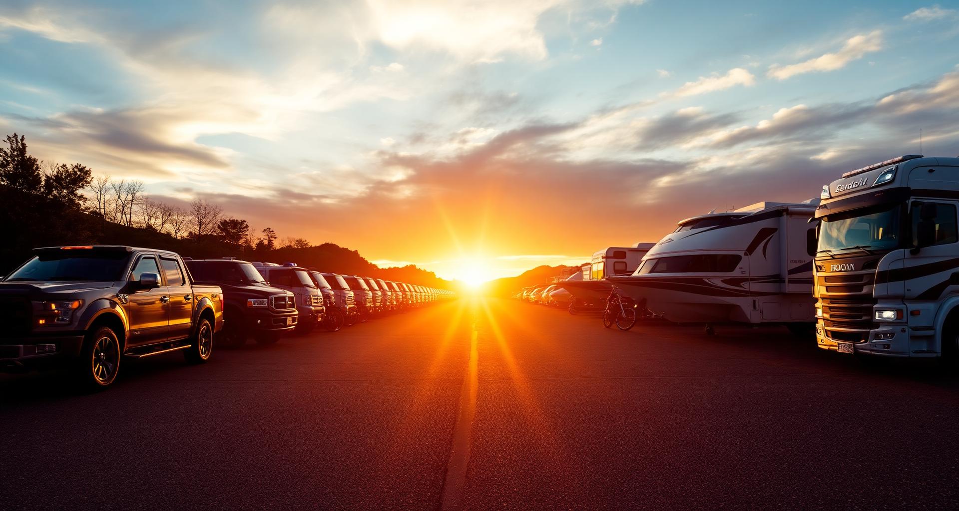 Lineup of vehicles at sunset