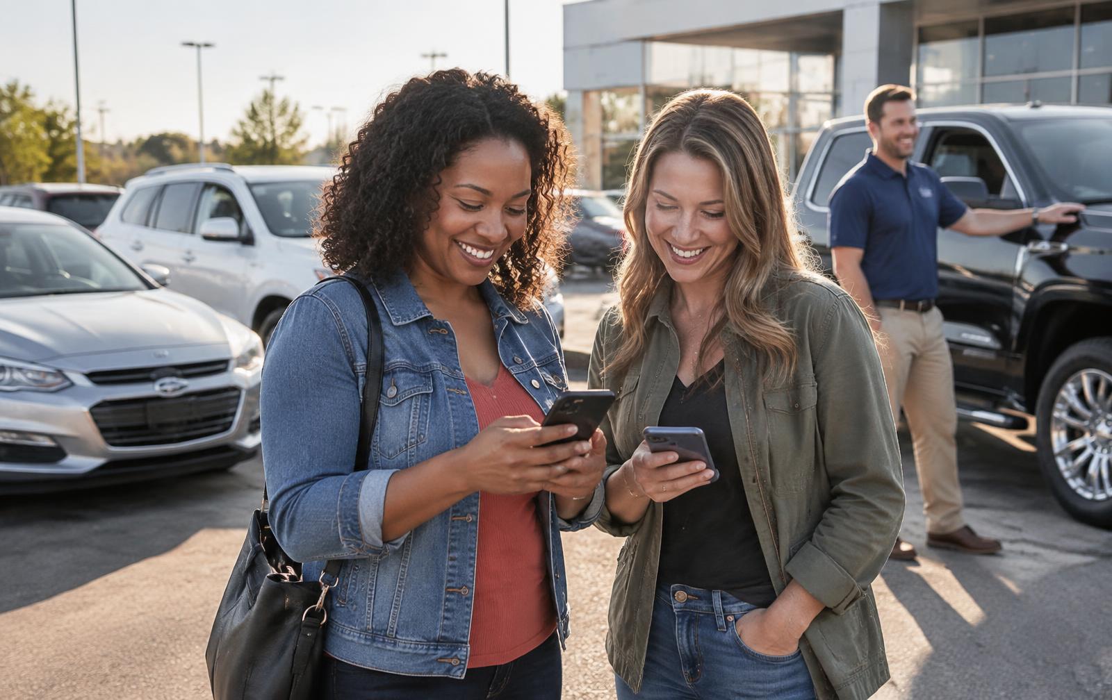 Local buyers browsing vehicles on their phones while a dealer shows a truck at a car lot